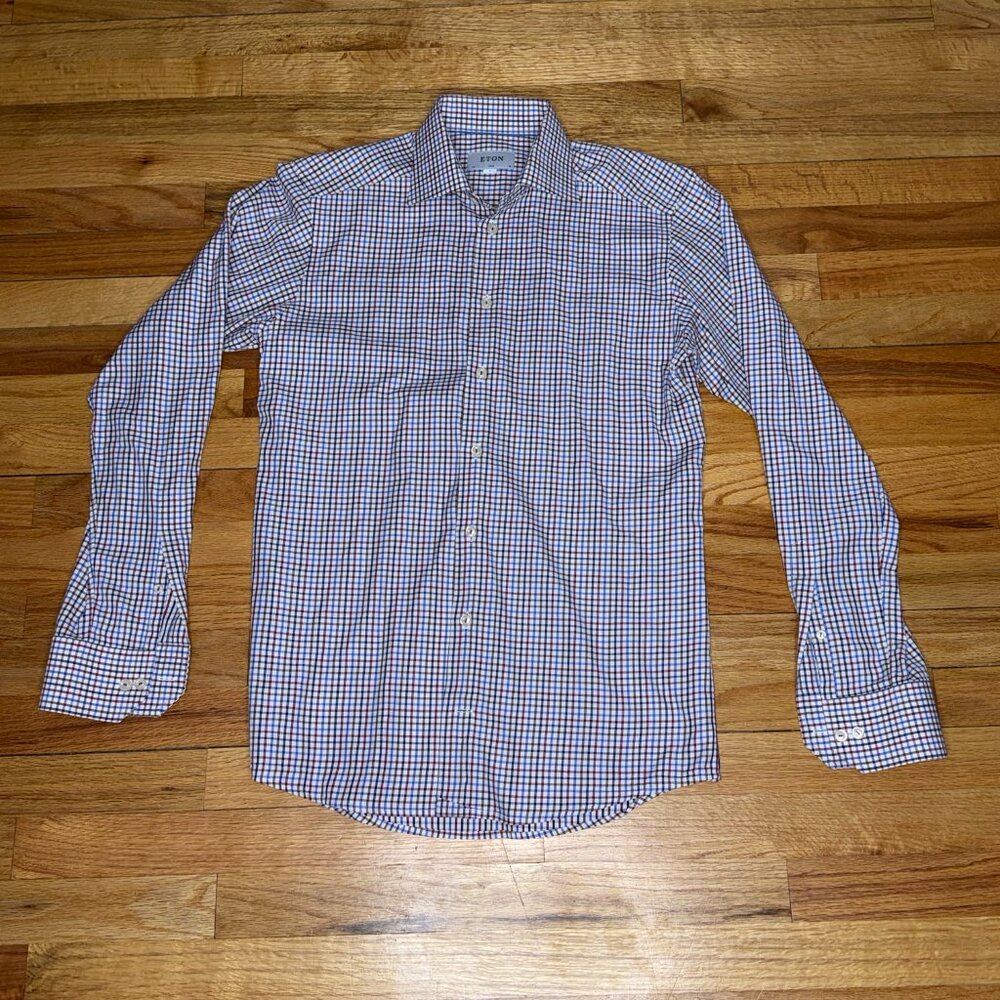Eton Men's Multicolor Check Slim Fit Shirt Size S Cotton Blue Red Brown White